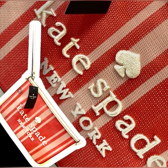 kate spade Wristlet Ella Lt Red/cream Mesh/white leather trim New with tags - Picture 3 of 11